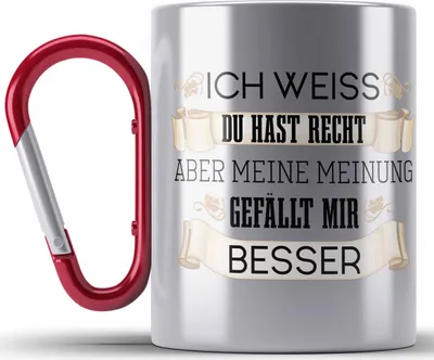 Produktbild von Trendation - Lustiges Geschenk für Männer Frauen Edelstahl Tasse Karabiner Besserwisser Geschenkidee Lustige Edelstahl Tasse Karabiner mit Spruch (Rot)