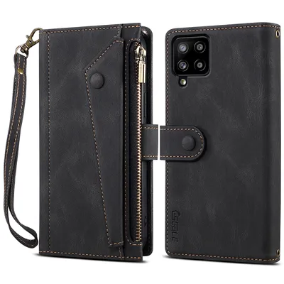 Obrázek produktu pro Ochranné pouzdro pro Samsung Galaxy A42 5G, kožené pouzdro na zip, skládací peněženka s přihrádkou na karty, stojánek a poutko černé