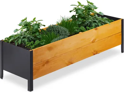 Image de Jardinière surélevée Relaxdays avec toile de paillage, dimensions : 32,5 x 118 x 35 cm, jardinière en bois pour herbes aromatiques, pour terrasse, balcon et jardin, rectangulaire, couleur naturelle