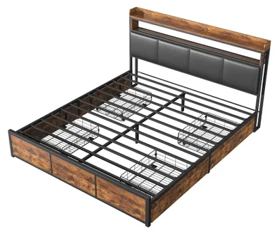 Immagine prodotto di Letto con contenitore - Letto contenitore - Cassetti portaoggetti - Illuminazione a LED - Con cassetto - Testiera in ecopelle - Struttura in metallo robusta