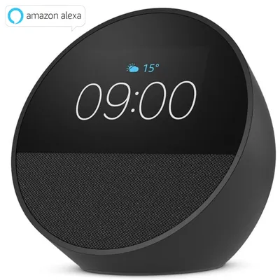 A black Amazon Echo Spot smart speaker with a screen displaying the time and weather.