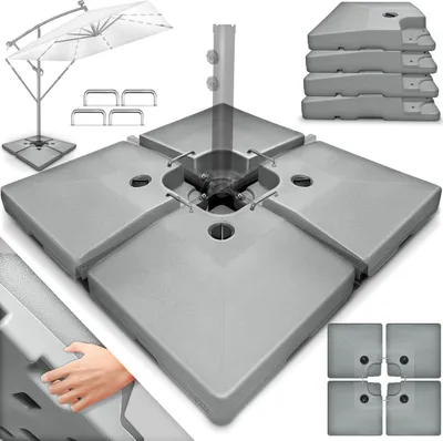 Produktbild von tillvex® Sonnenschirmständer Grau 90 Liter / 120 kg – 4-teilig für Ampelschirm inkl. Metallverbinder | Schirmgewicht befüllbar mit Wasser oder Sand | Schirmständer Ampelschirmständer wetterfest