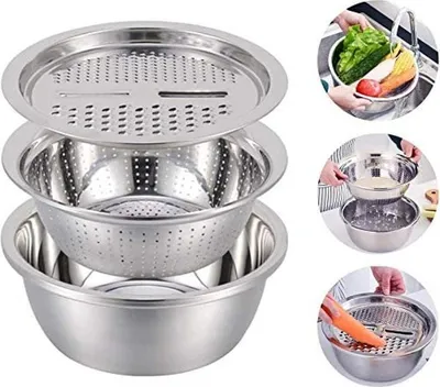 Produktbild von Multifunktionales Edelstahlbecken, Edelstahlsieb-Set 3-teilig, Küchensieb Multifunktional Groß Feinmaschig Edelstahlkorb Gemüsewaschschüssel Set Sieb