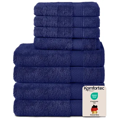 Produktbild von Komfortec 8er Handtuch Set aus 100% Baumwolle, 4 Badetücher 70x140 und 4 Handtücher 50x100 cm , Frottee, Weich, Navy Blau