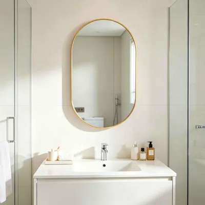 Productafbeelding van Zimilo Wandspiegel, ovaal met gouden frame, 60x40 cm, spiegel voor de badkamer met veiligheidsglas, heldere reflectie, geschikt voor badkamer, slaapkamer en woonkamer