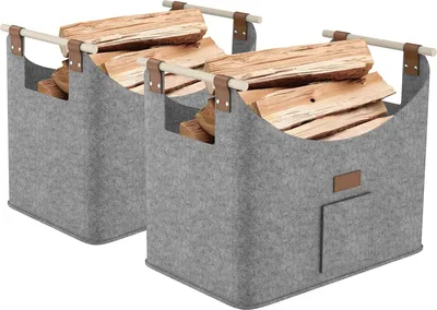 Imagen del producto de QEENTOE, 2 cestas para leña, cestas plegables de fieltro con mangos de madera, cesta para leña de chimenea de tamaño XXL con capacidad de hasta 40 kg, para almacenamiento de leña, color gris