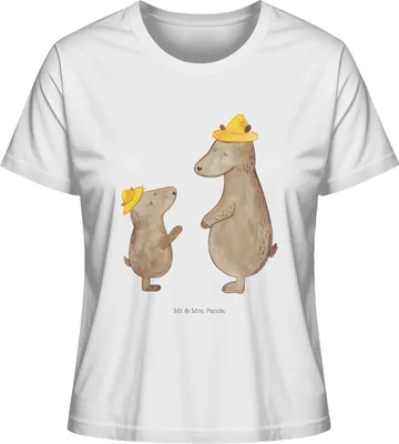 Produktbild von Mr. & Mrs. Panda Oberteil Damen Bären mit Hut Größe S - Weiß - Geschenk, Family, Papa, T-Shirt, Kurzarmshirt, Vatertag, Muttertag, Baumwoll, Basic Shirt, Bär