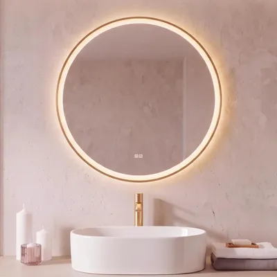 Produktbild von LED Badezimmerspiegel Rund 80 cm – Badspiegel mit LED Beleuchtung, Touch-Schalter, Anti-Beschlag, 3 Lichtfarben, Goldener Rahmen – SAVE HOME, KI-generiertes Bild
