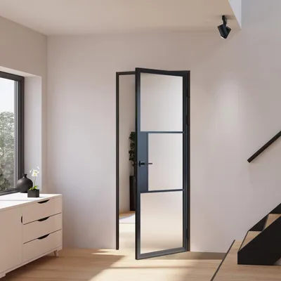 Produktbild von Schulte Zimmertür Komplettset, 830x2115 mm, DIN Rechts, Glastür satiniert mit Beschlag und Zarge aus Stahl schwarz, Drehtür mit Türklinke, KI-generiertes Bild