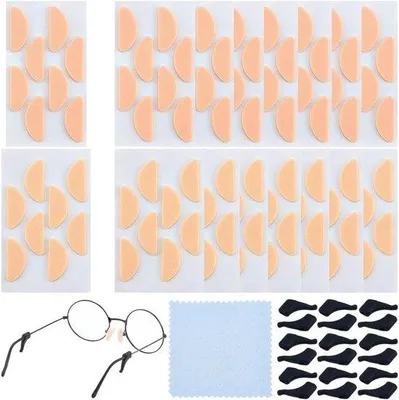 Image de Coussinets nasaux en mousse souple pour lunettes - 128 pièces, antidérapants, auto-adhésifs, 2 tailles et 2 couleurs, avec chiffon pour lunettes et embouts d'oreille en silicone