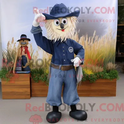 Produktbild von Maskottchenfigur REDBROKOLY einer Marine-Vogelscheuche mit Boyfriendjeans und Fußkettchen