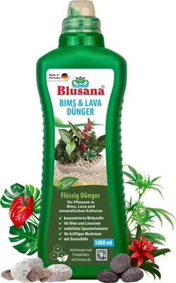 Produktbild von Blusana Bims und Lava Flüssigdünger 1 Liter NPK 10-4-6 EDTA-Chelate – Spezialdünger für mineralische Substrate Zimmerpflanzen Kräuter Gemüse Microgreens Nährlösung Konzentrat