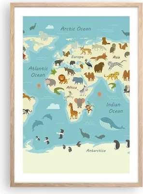 Produktbild von Gerahmtes Poster - Rahmen in heller Eiche - Tiere die Welt Karte - 50x70 cm - Wand Bild - Wanddeko - Wandbilder - Kunstposter - Wandposter - Bilderrahmen - Bilder - Kunstdruck - P2NPA50x70-4860