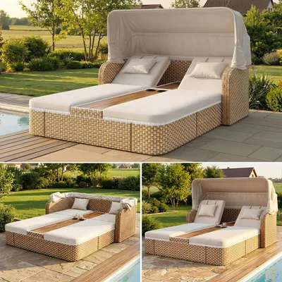 Produktbild von Sonnenschirmstuhl/Relaxsessel/Garten-Liegestuhl mit Markise / Sonneninsel aus Rattan mit Markise / Wetterfeste Terrassenmöbel / Geeignet für Balkone