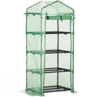 Image de Outsunny Serre de jardin PE avec étagères 4 niveaux, serre de balcon, bâche renforcée 140 /m², châssis en acier, porte zippée enroulable, pour légumes plantes, intérieur extérieur, 70x50x160cm, vert