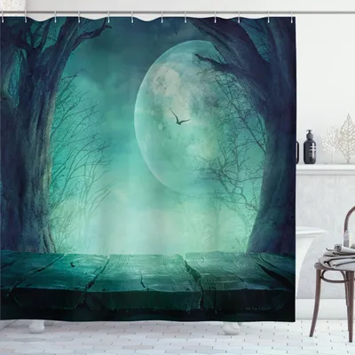 Obrázok produktu pre ABAKUHAUS Halloween sprchový záves, strašidelný lesný mesiac a márne vetvy, mystické strašidelné hororové rustikálne obrázky, 175 x 200 cm, tyrkysová farba