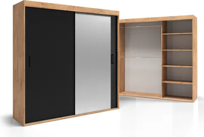 A wardrobe with sliding doors, one of which is mirrored, and the other is black. The wardrobe is shown open, revealing shelves and hanging rails.