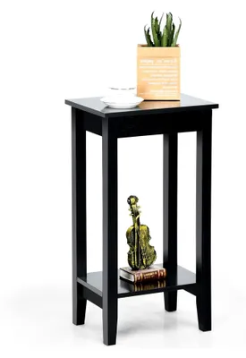 Produktbild von Beistelltisch mit Regal, 2-stöckiger Sofatisch mit 4 Massivholzbeinen, Rechteckiger Ablagetisch aus Holz für Wohnzimmer und Schlafzimmer (Schwarz)