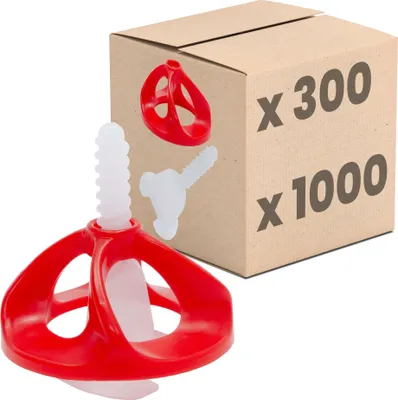 A product shot of a tile leveling system set, including a box and individual components, against a white background.
