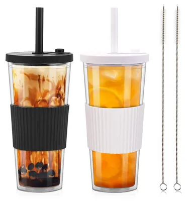 Bubble Tea Cup 730 ml, 2er-Set, doppelwandig, mit Deckel & Strohhalm