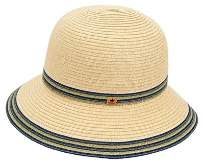 Balke knautschbare Strohhut Glocke mit farbigen Bortenstreifen in beige