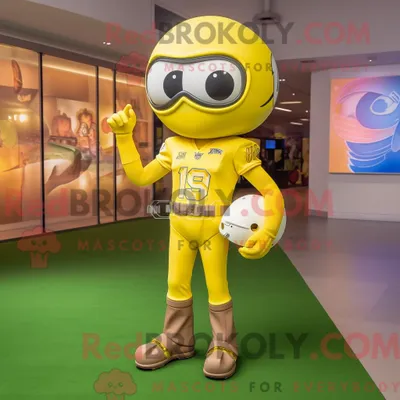 Produktbild von Maskottchen REDBROKOLY eines zitronengelben American-Football-Helms bekleidet mit Bootcut-Jeans und Smartwatches