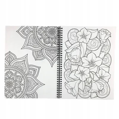 An open coloring book showing intricate mandala designs on the left page and floral patterns on the right page, with a spiral binding visible.