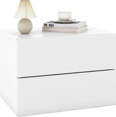 Image de Table de chevet suspendue - Table d'appoint murale - 2 tiroirs - Design suspendu - Avec tablette - Moderne - Blanc