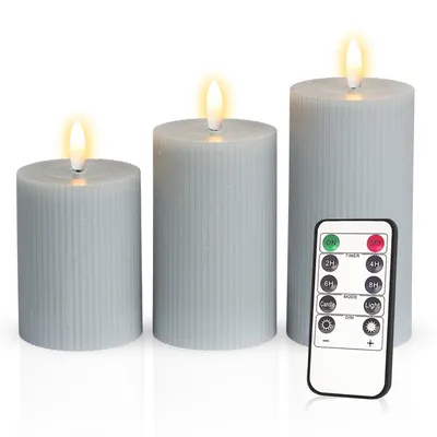 Produktbild von Meisterhome® 3er-Set Flammenlose LED Kerzen Ribble mit Timer Samtgrau Stumpenkerze Fernbedienung Batteriebetrieben Warmweiß echten Wachs Dekoration