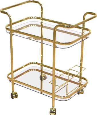 A gold and glass bar cart on a white background.