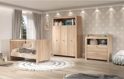 Image de Chambre Bébé Trio Olivia, Lit 70 x 140 cm, Commode à Langer, Armoire 3 Portes, Chêne Sonoma