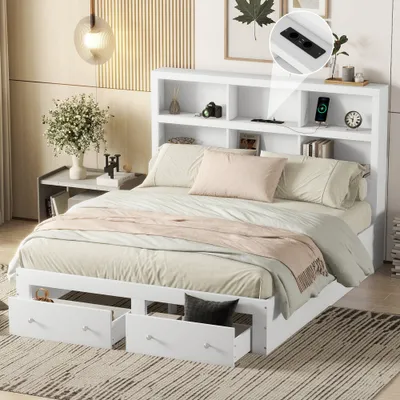 Immagine prodotto di Letto matrimoniale AIORBER, 160 x 200 cm, in truciolato, testata con 6 scomparti, con porta di ricarica USB, 2 cassetti alla fine del letto, letto a piattaforma, bianco