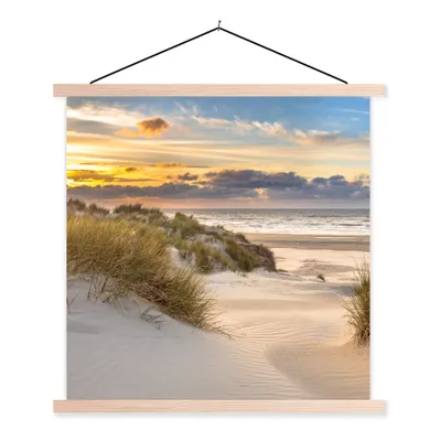 Produktbild von MuchoWow® Textilposter Strand - Düne - Gras - Sonnenuntergang - Meer 120x120 cm mit holzfarbenen Rahmen - Textil-Poster