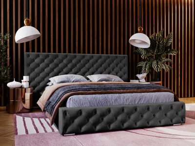 Obrázek produktu pro Čalouněná postel GRAINGOLD Chesterfield 120x200 Madera - Stylové čelo z masivu - Postel s roštem a podnoží - Černá (Magic velvet 2219)