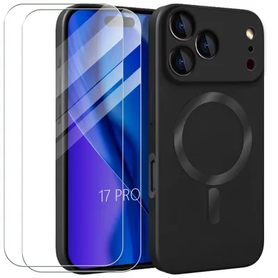 Image de Coque + 2 Verres Trempés pour iPhone 17 Pro, Silicone Liquide Ultra Slim avec Anneau Magnétique Noir