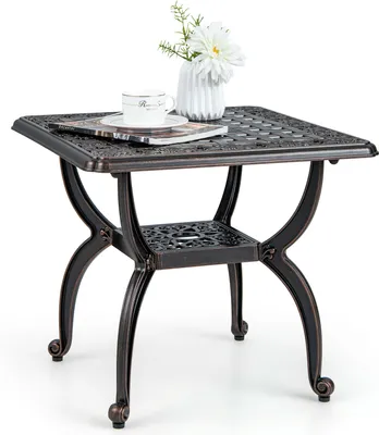 Produktbild von Zahradní stolek COSTWAY odolný proti povětrnostním vlivům, bistro stolek s policí, čtvercový zahradní stolek z litého hliníku 53x53x48cm