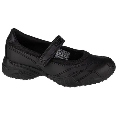 A black Skechers Mary Jane shoe is shown from the side against a white background.