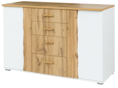 Produktbild von Masseno Kommode OSVIN 130 cm Sideboard mit 4 Schubladen und 2 Türen für Wohnzimmer Schlafzimmer Modern 130x45x82 cm Eiche Wotan / Weiß