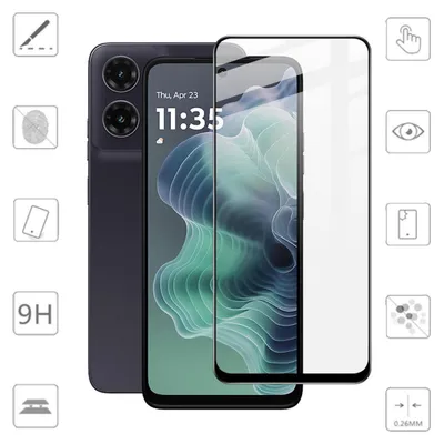 A smartphone and a screen protector are shown with various icons indicating product features.