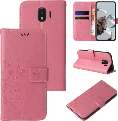 Produktbild von Handyhülle für Samsung Galaxy J4 Floral Blumen Schmetterling Flip Cover Hülle Case Klapphülle Handytasche Farbe: Rosegold