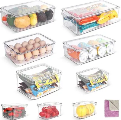 Immagine prodotto di Set di contenitori per frigorifero, set di 9 contenitori trasparenti, contenitori per frigorifero, contenitori impilabili con coperchio per cucine, armadi, dispense, cassetti