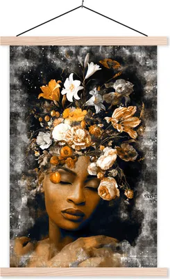 Produktbild von MuchoWow® Textilposter Frauen - Gold - Blumen 40x60 cm mit holzfarbenen Rahmen - Poster