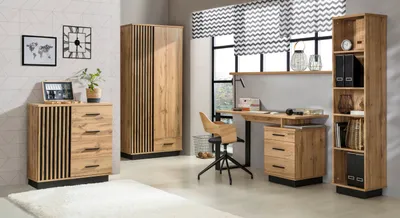 Produktbild von Büro Lamelo 4 teilig Büromöbel Komplett Set in Eiche Wotan und Schwarz matt - Büroset, Arbeitszimmer, Home Office