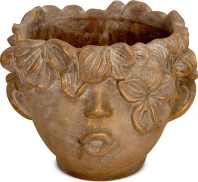 Image de Pot de plantes - tête avec couronne de fleurs visage ciment brun or