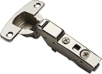 A close-up studio shot of a single cabinet hinge against a white background.