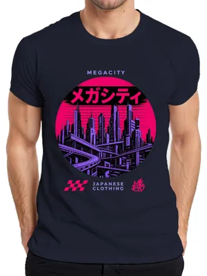Obrázok produktu pre Tričko pre pánov, dizajn "Megacity Japan Katakana Cyberpunk Tokyo Streetwear Y2K Synthwave", tmavomodrej farby, veľkosť S