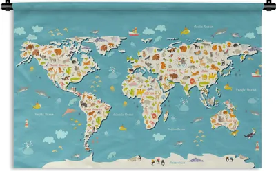 Produktbild von MuchoWow® Wandteppich Wandbehang Weltkarte - Kinder - Tiere - Kinder - Jungen - Mädchen 120x80 cm Tapisserie Dekoration Wandtuch - Wanddekorationen - Wandtücher