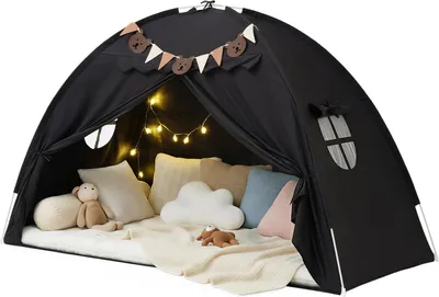Zdjęcie produktu dla YEERSWAG Twin Bed Tent Cot Canopy Play Tent with Starlight & Pennants Indoor Sleeping Tent Privacy 196×124×99cm, czarny