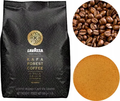 A collage showing a bag of Lavazza Kafa Forest Coffee, a close-up of coffee beans, and a circular image of what appears to be a coffee-flavored cookie or biscuit.