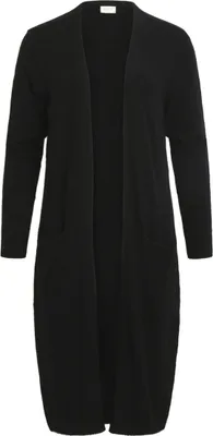 A black, long cardigan with pockets is shown.